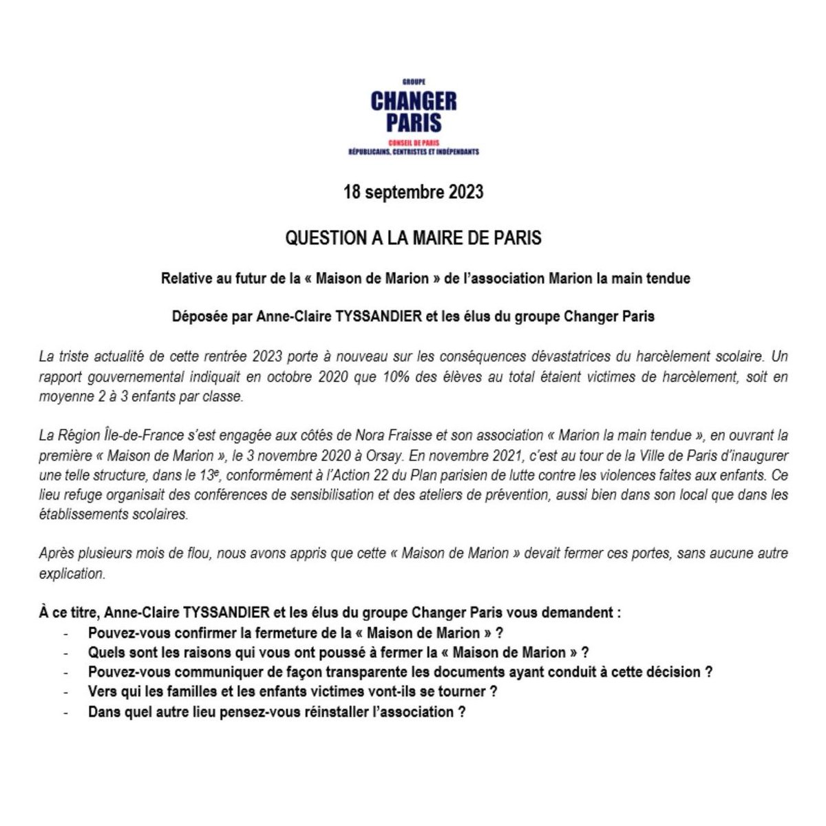 🔴L'association <a href="/MTendue/">Association MarionLaMainTendue ❤️💕</a> qui lutte contre le #HarcelementScolaire sera prochainement privée de ses locaux par la Ville de Paris.

Avec <a href="/actyssandier/">AnneClaireTyssandier</a>, les élus du @GpeChangerParis demandent des explications à <a href="/Anne_Hidalgo/">Anne Hidalgo</a>. Quelle solution de relogement sera proposée?⤵️