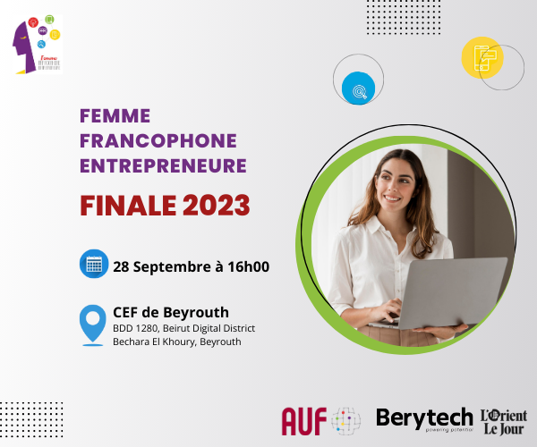AUF_MoyenO's tweet photo. Venez assister à la finale de la 12ème édition du concours « 𝐅𝐞𝐦𝐦𝐞 𝐅𝐫𝐚𝐧𝐜𝐨𝐩𝐡𝐨𝐧𝐞 𝐄𝐧𝐭𝐫𝐞𝐩𝐫𝐞𝐧𝐞𝐮𝐫𝐞 » le 28 septembre, à 16h00, au Centre d'Employabilité Francophone (#CEF) de Beyrouth, BDD 1280. 
Pour plus d'infos▶️https://t.co/JQLodydbka https://t.co/IMLLBYeCGE