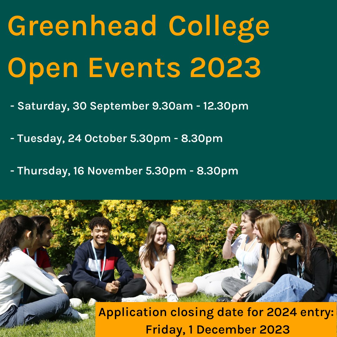 Our first Year 11 Open Event will take place on Saturday, 30 September 9.30am - 12.30pm. Join us and discover why Greenhead College is one of the best Sixth Form Colleges nationally! Visit greenhead.ac.uk/courses-apply/… to register. #BeExceptional #NextSteps