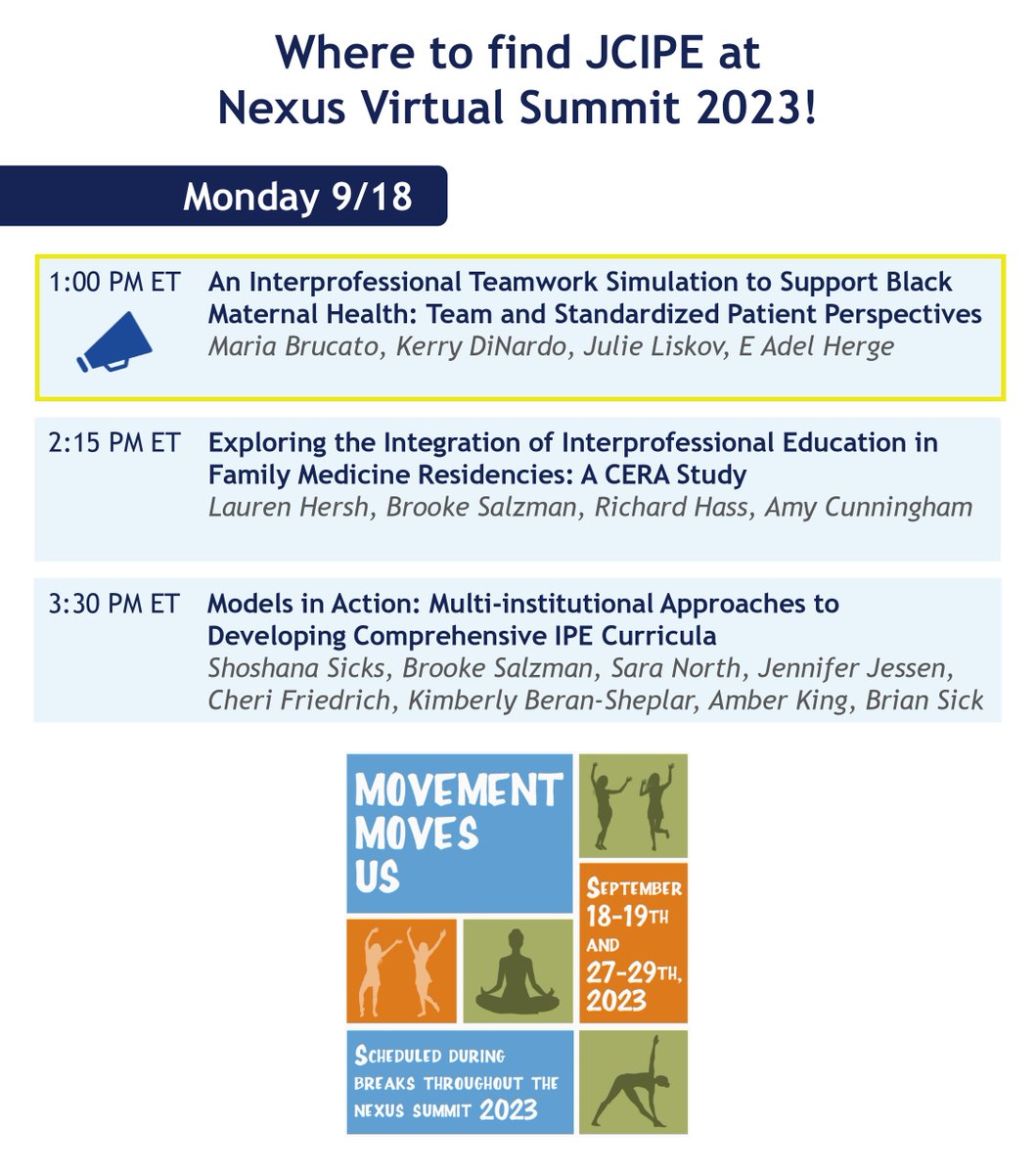 Day 1 #NexusSummit2023 Presentation 1
🕐1 PM EST
🎙️An Interprofessional Teamwork Simulation to Support Black Maternal Health: Team and Standardized Patient Perspectives
💻summit2023.nexusipe.org/sessions/inter…