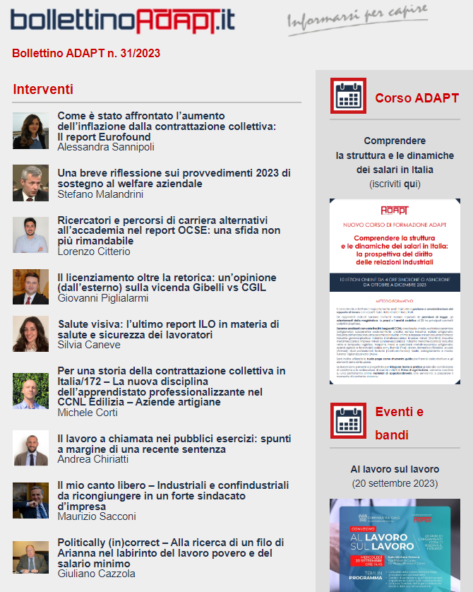 🆕#BollettinoADAPT n. 31/2023

#welfareaziendale #salariominimo #apprendistato #saluteesicurezza #lavoropovero #licenziamento #sindacato #Confindustrua #contrattazionecollettiva

▶️Leggi qui: mailchi.mp/adapt/bolletti…

✍️Iscriviti alla newsletter: bollettinoadapt.us3.list-manage.com/subscribe?u=47…