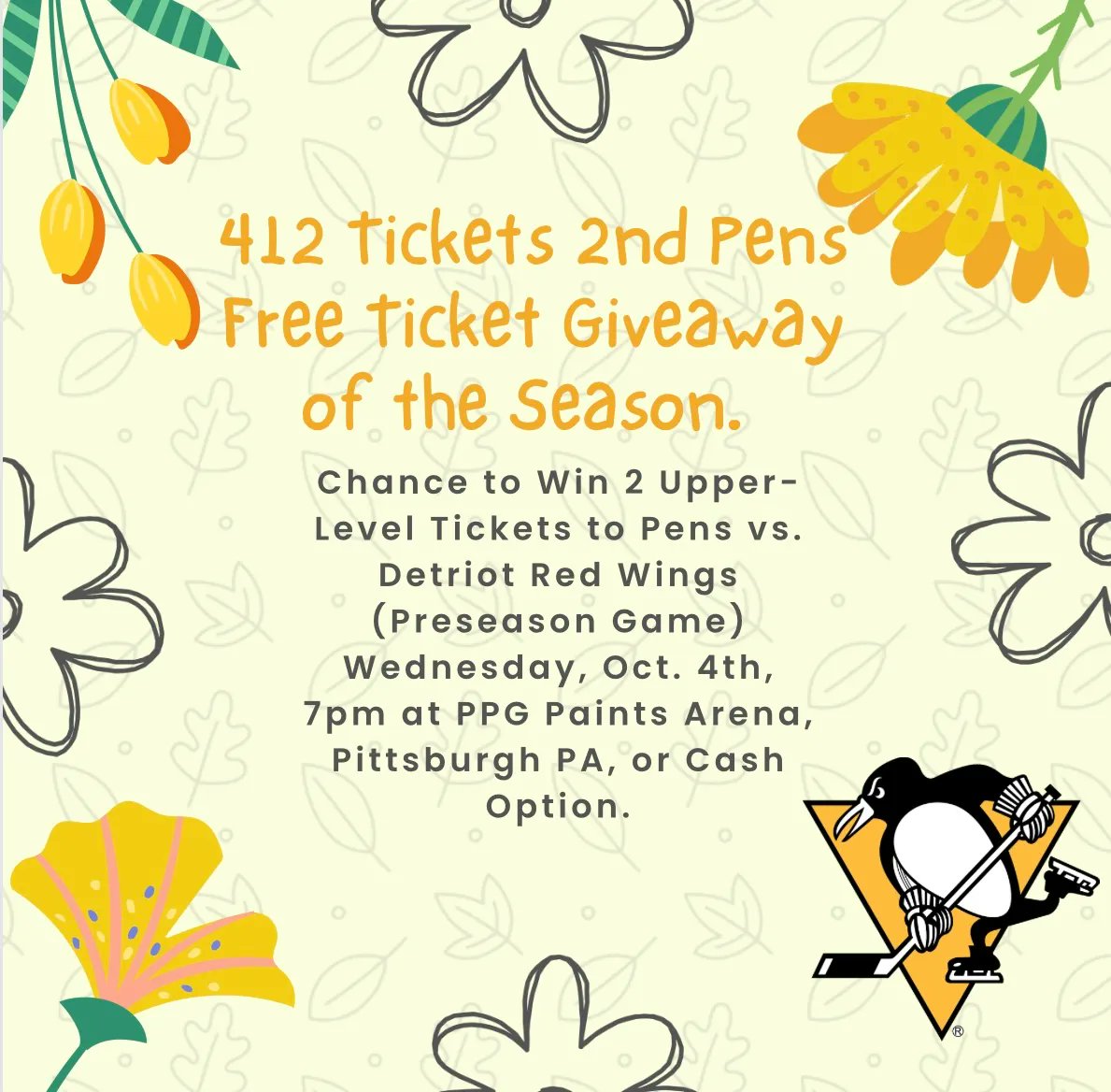 412Tickets's tweet image. #PensFreeTicketGiveaway
Chance to win 2 Free Upper-Level Tickets to Pens v RedWings(Preseason) Wed 10/4 at 7pm or $25 via Cash App/Paypal
Giveaway starts Now ends Mon 9/18 at 11:59pm EST
Follow, RP &amp;amp; TAG FRIENDS
Enter on our FB &amp;amp; IG @412Tickets too
Winner agrees not to Resale Tix