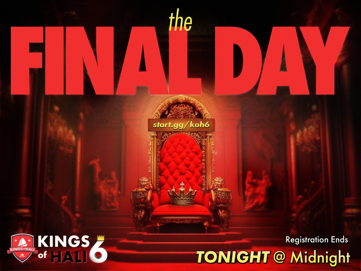 kingsofhali's tweet image. THE FINAL DAY.
Registration for Kings Of Hali ends tonight at 11:59PM.

*Spectator Passes will be available for purchase in person.
