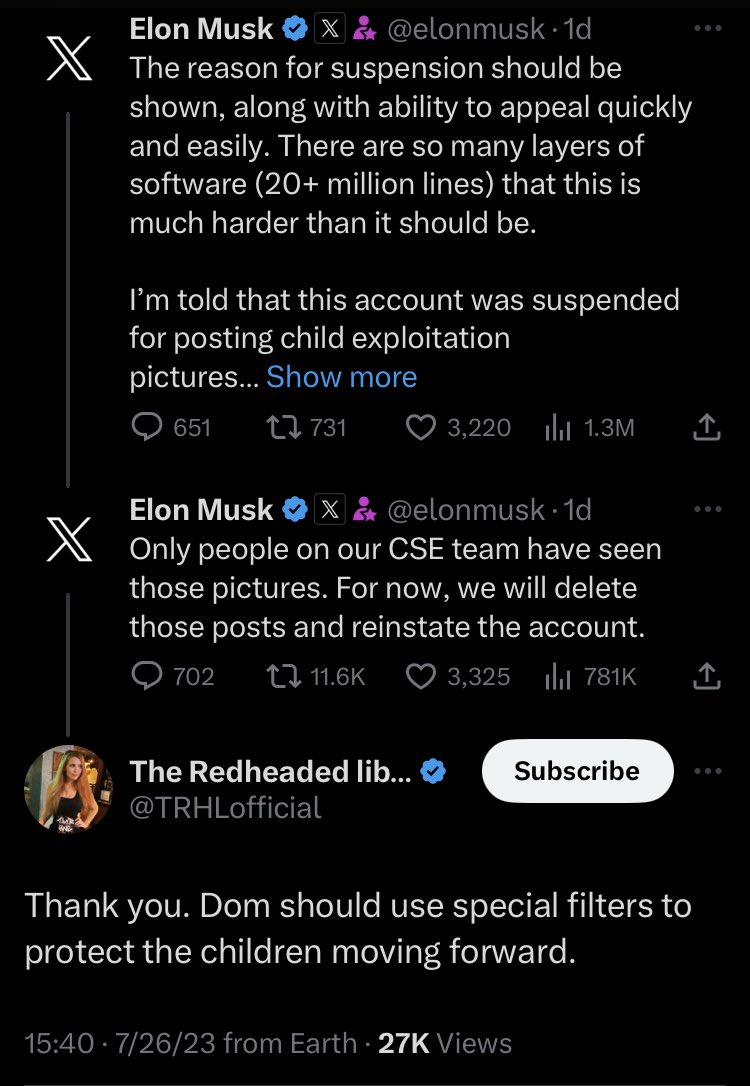 So <a href="/elonmusk/">Elon Musk</a> will get personally involved to unban someone who posts CSAM/child porn. You will even have accounts give advice on how to bypass CSAM moderation. All of that is fine per Twitter.

But call out pedos &amp; you get banned.

So looks like my <a href="/BigRedCeltTT/">Big Red Celt</a> account is gone.