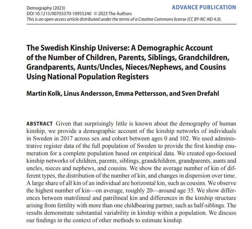 Demography Journal (@readdemography) on Twitter photo “The Swedish Kinship Universe”: <a href="/MartinKolk/">Martin Kolk</a> <a href="/Linus_Andrsson/">Linus Andersson</a> Emma Pettersson & @DrefahlSven conducted “a full assessment of kinship links in contemporary Sweden," finding the greatest variance for cousins & grandchildren." <a href="/SUDA_Sthlm/">SUDA</a> <a href="/Framtidsstudier/">Inst. för framtidsstudier/Inst. f. Futures Studies</a>
ow.ly/GunJ50PMA3H “The Swedish Kinship Universe”: <a href="/MartinKolk/">Martin Kolk</a> <a href="/Linus_Andrsson/">Linus Andersson</a> Emma Pettersson & @DrefahlSven conducted “a full assessment of kinship links in contemporary Sweden," finding the greatest variance for cousins & grandchildren." <a href="/SUDA_Sthlm/">SUDA</a> <a href="/Framtidsstudier/">Inst. för framtidsstudier/Inst. f. Futures Studies</a>
ow.ly/GunJ50PMA3H