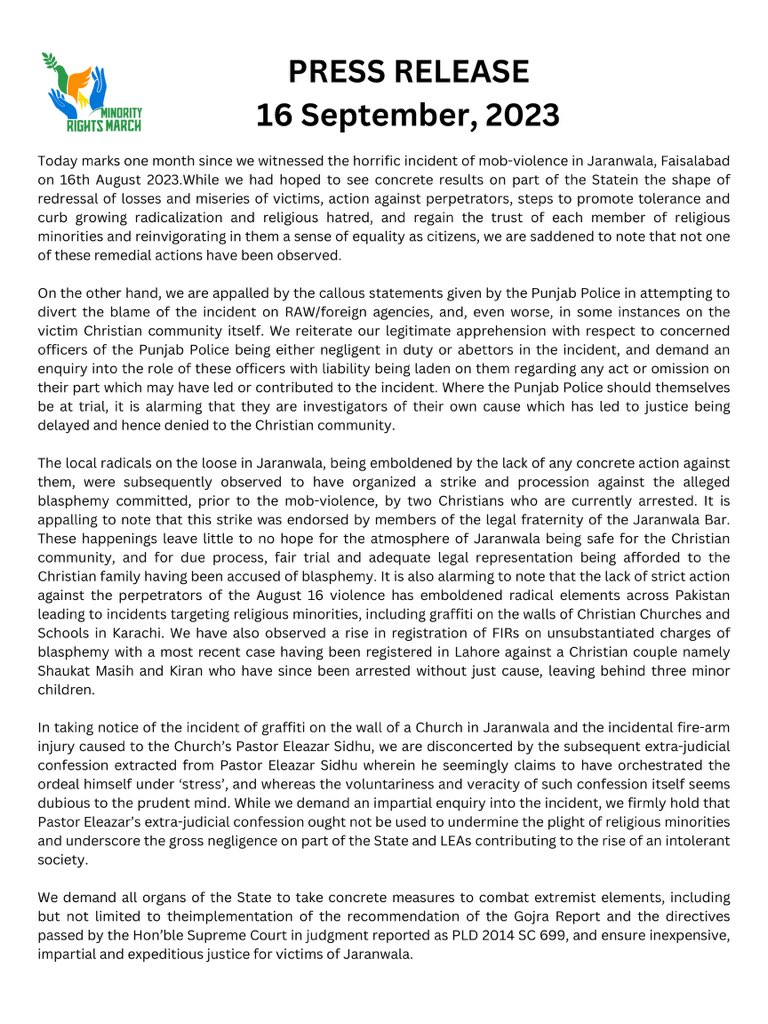 aqliyatihuqooq's tweet photo. PRESS RELEASE (16 September, 2023) by #MinorityRightsMarch on #JaranwalaIncident https://t.co/RsGp8GSc87