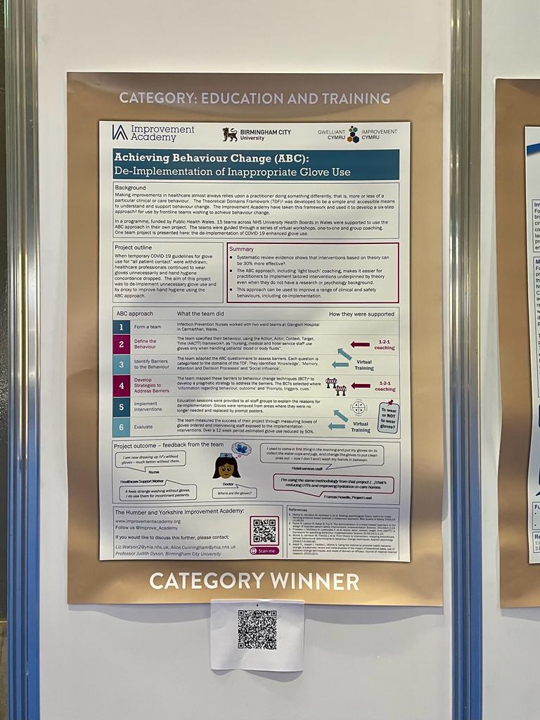 NHSWales_PI's tweet photo. 2/2 🗳️Please vote for the ‘Achieving Behaviour Change (ABC): De-Implementation of Inappropriate Glove Use’ poster on your event app as the overall winner of the @HSJptsafety poster competition! #HSJPatientSafety https://t.co/QvtAqkpCHB