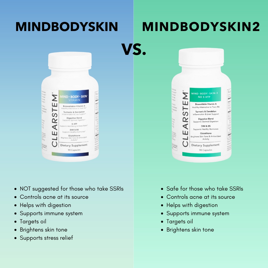 CLEARSTEM's tweet image. The difference between MINDBODYSKIN and MINDBODYSKIN 2 ☝️⁠
⁠
Both of these formulas are formulated to clear and prevent acne by targeting multiple root causes simultaneously. ⁠
