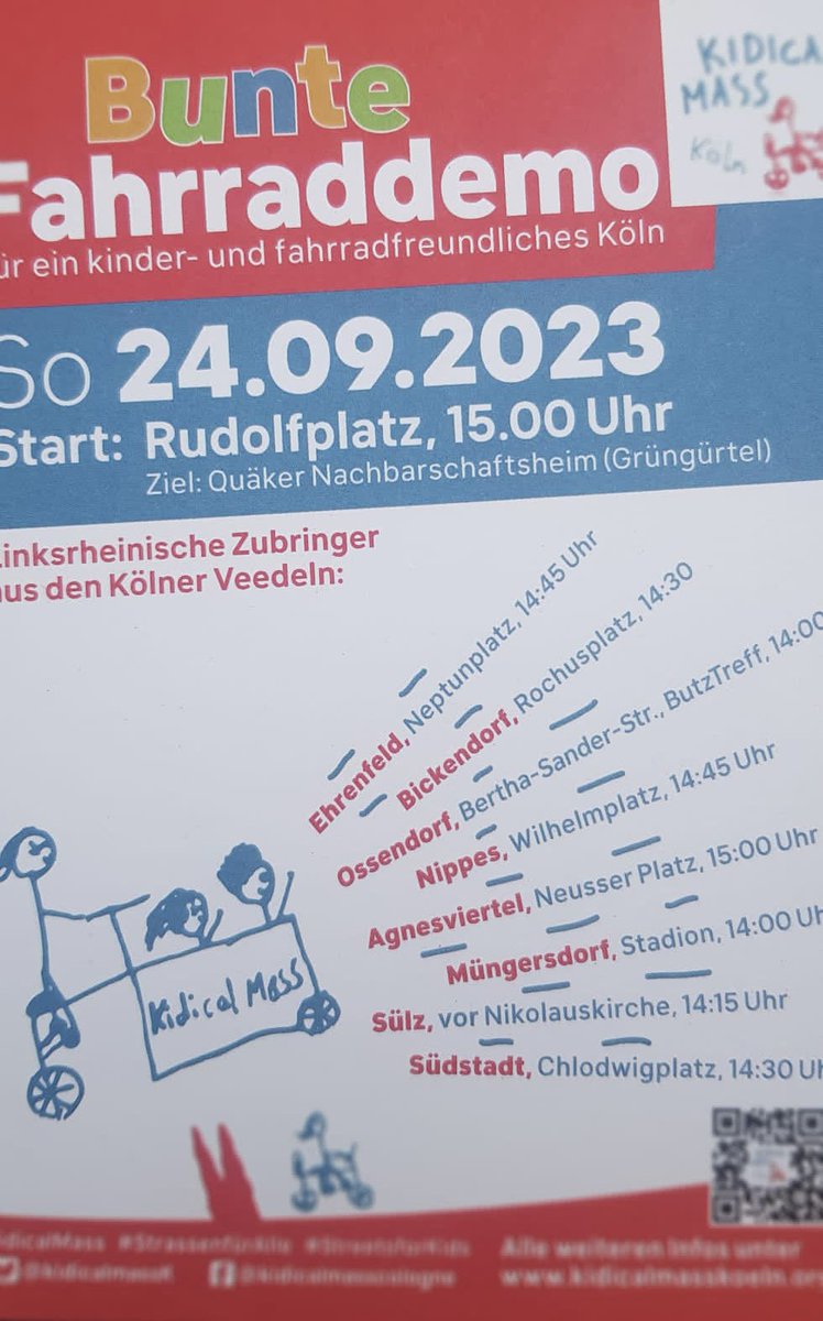 Bunte Fahrraddemo für ein Kinder- und fahrradfreundliches @Koeln am 24.09. Mehrere Startpunkte überall in der Stadt. 🚲 Komm doch vorbei. Kinder explizit willkommen. #criticalmass