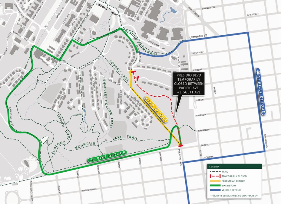 Reminder - Presidio Blvd b/t Simonds Loop and the Presidio Gate will be closed to cars, pedestrians, and cyclists from Sept 18-28 from 8am-3pm for tree work. The roadway will be reopened Fri morning thru Sun evening + each day after work hours. Muni service will not be impacted.