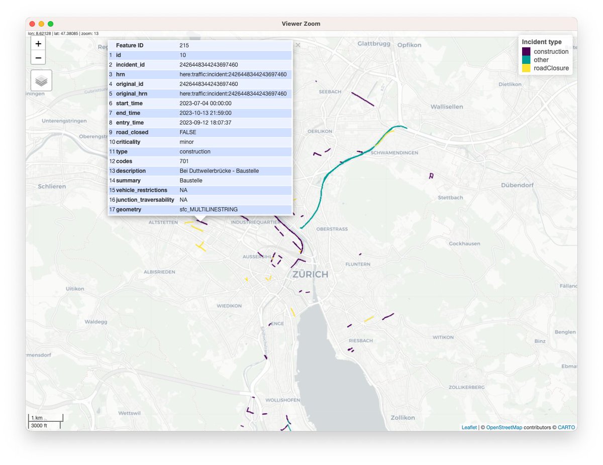 munterfi1's tweet photo. Major release of hereR 📦 v1.0.0 on CRAN:
- Upgraded HERE Traffic API to v7 🚗
- Upgraded HERE Destination Weather API to v3 ☀️
- Support HERE Platform API key 🗝️
Check it out: https://t.co/VNsmZyWEmv
#rstats #rspatial #datascience #traffic #weather https://t.co/mtEHErTUNd