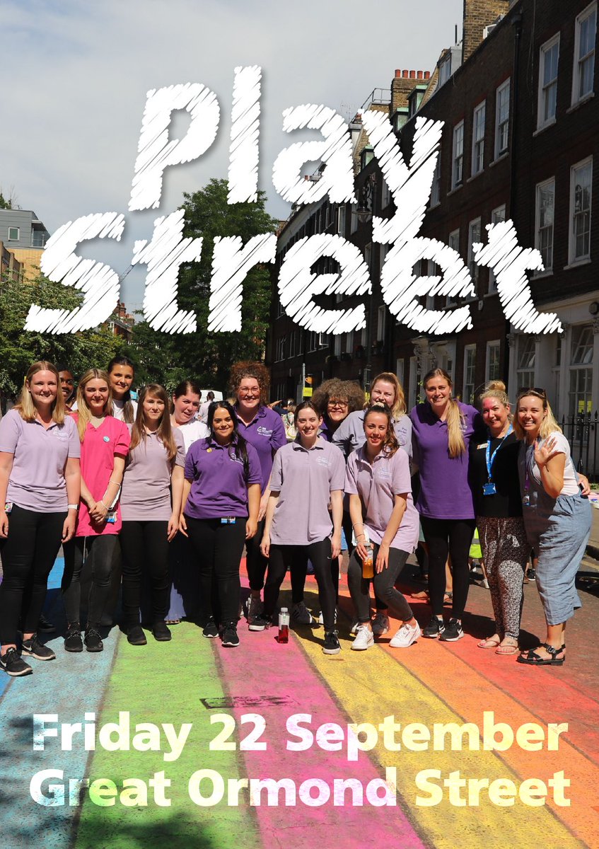 It's time for Play Street! Friday 22 Sept, we'll stop the traffic on Great Ormond Street for an afternoon of play. 🎲🎨 

From gaming, to live music and street painting, everyone is welcome to head down and celebrate #WorldCarFreeDay with us. 🙌 

gosh.nhs.uk/news/join-us-f…
