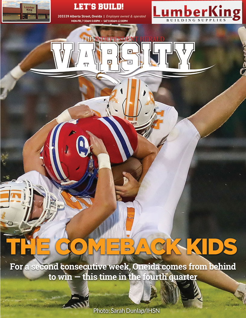 This week's Lumber King Sports Front features one of many stops by ben Gilbert and Braden Burchfield, who teamed up for a total of 37 tackles during Oneida's win over Polk County. View the entire E-Edition at indherald.com/e-edition.