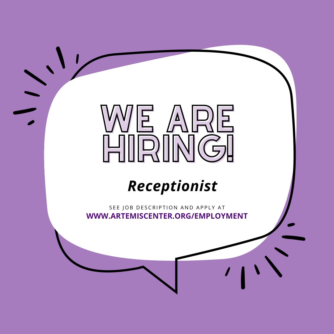 Artemis Center is hiring a Receptionist! For more information about the position and how to apply, visit artemiscenter.org/employment. Don't forget to check out our other available opportunities!