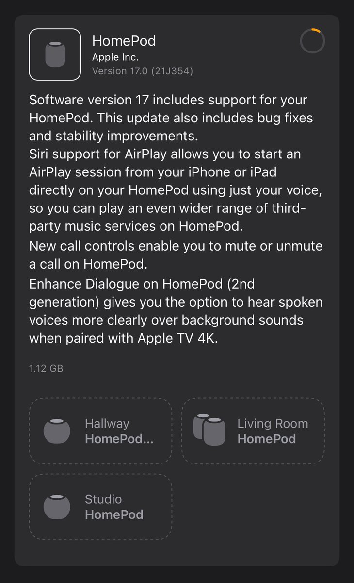 HomePod version 17 shows which HomePods are going to be updated to the new version (is this actually new?)