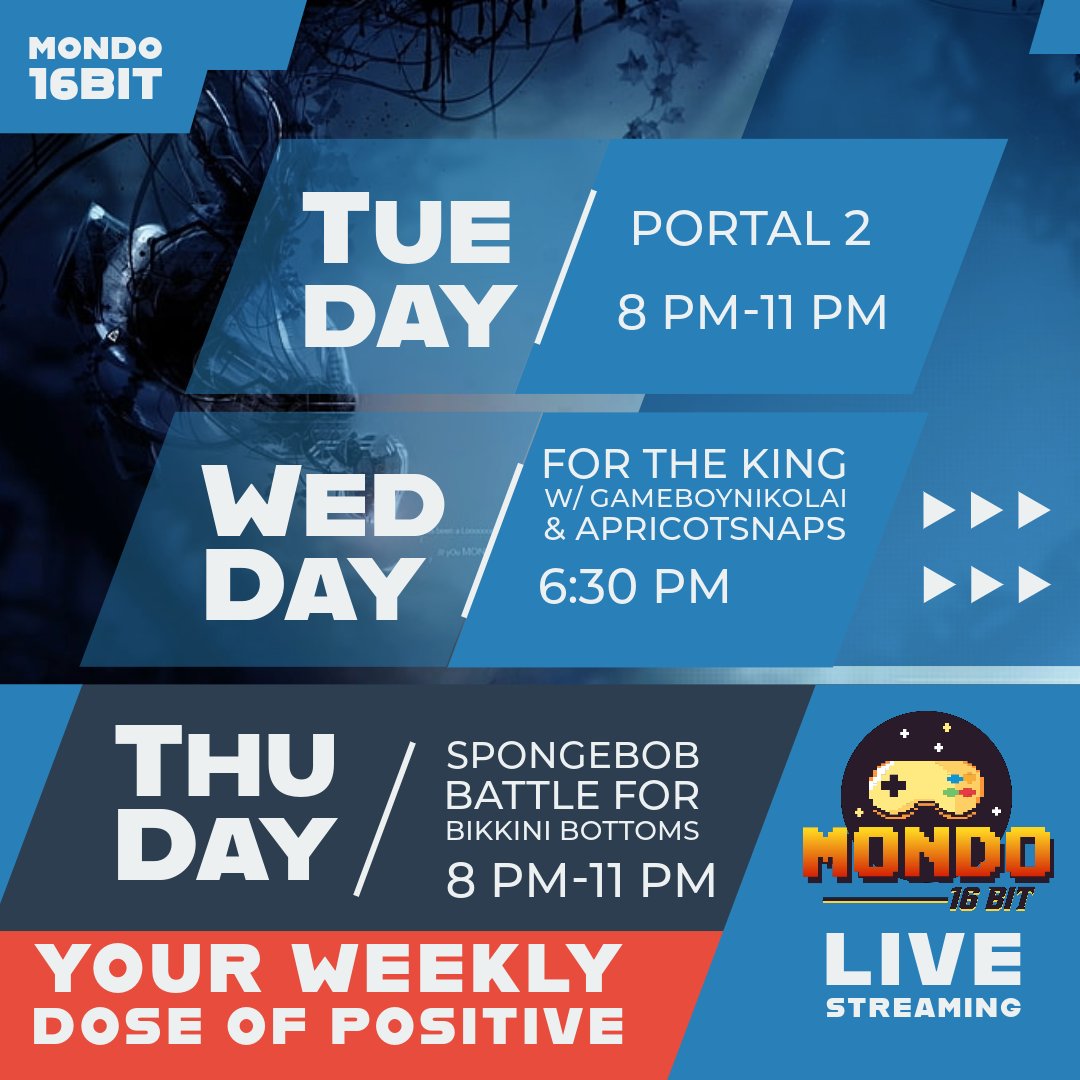 mondo16bit's tweet photo. SpongeBob, Portal 2, For the King w/ @apricot_snaps and @GameBoyNikolaiโฆ what could possibly go wrong?
Tune in to the stream this week to find out!
#SpongeBob #Portal2 #Twitch #FunFilledWeek https://t.co/qBoN1UMkWe