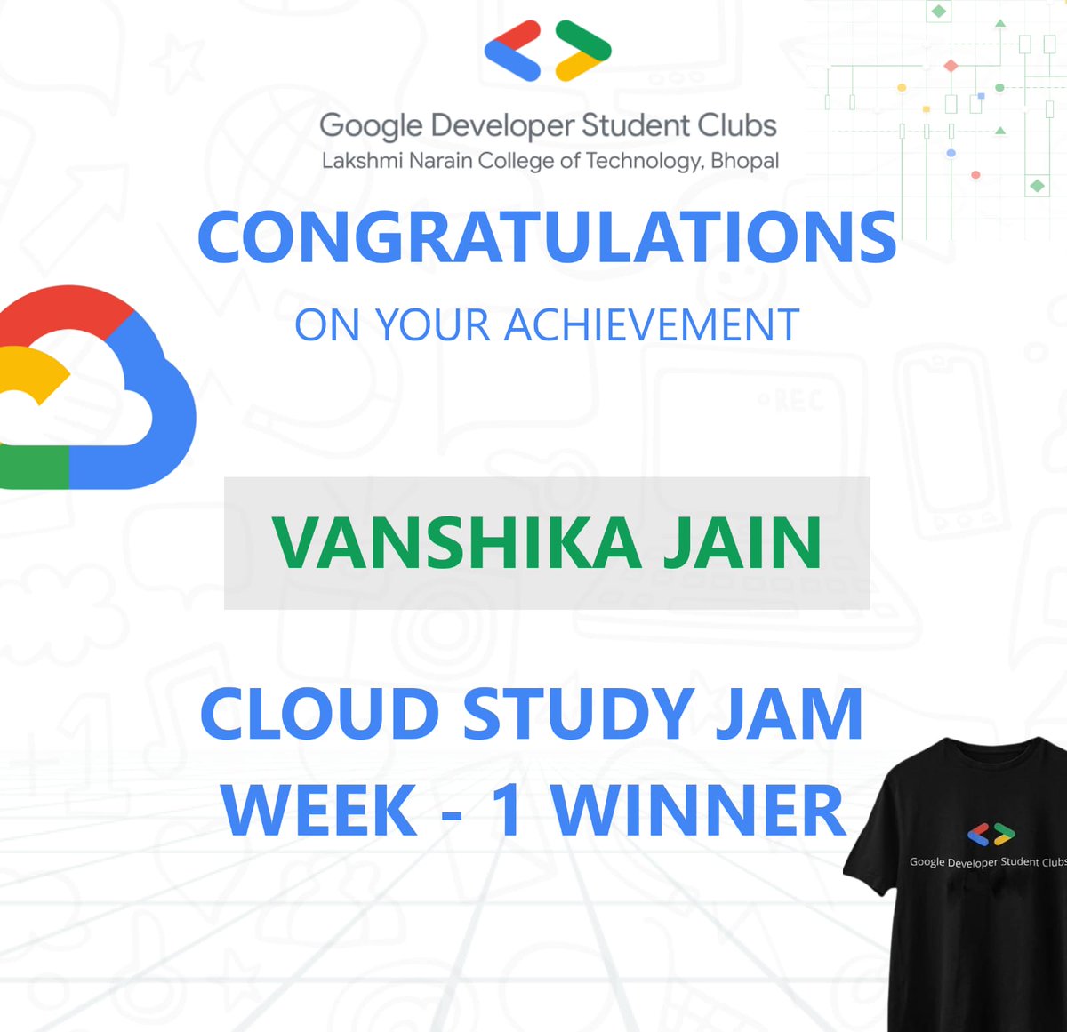 gdsclnct's tweet photo. 🌟 We're thrilled to announce the Champion of the Week of GDSC LNCT Cloud Study Jam! VANSHIKA JAIN's dedication, hard work, and commitment have truly shone through.🎊
Get inspired to reach new heights in your cloud journey.  #GDSC #CloudStudyJam #WinnerOfTheWeek https://t.co/uMrfYOw8Q7