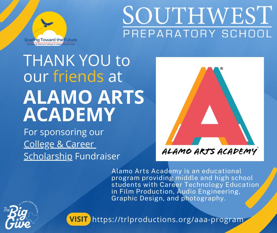 A shout-out of thanks to our educational partners @AlamoArtsAcademy for supporting our College and Career Scholarship Fundraiser. We offer the AAA multimedia program at our Northeast & Seguin campuses. Join AAA in supporting our scholarship program. Donate thebiggivesa.org/organizations/…