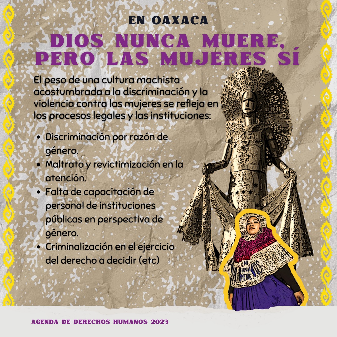 CodigoDH's tweet photo. En #Oaxaca, la violencia contra las mujeres permea los mecanismos de acceso a la justicia y los propios derechos humanos. Por ello, es necesario enunciar las vivencias de impunidad, corrupción y racismo que afectan a las mujeres.

#AgendaDDHH @FISCALIA_GobOax @SSO_GobOax @GobOax https://t.co/v65VQQ7Ktt