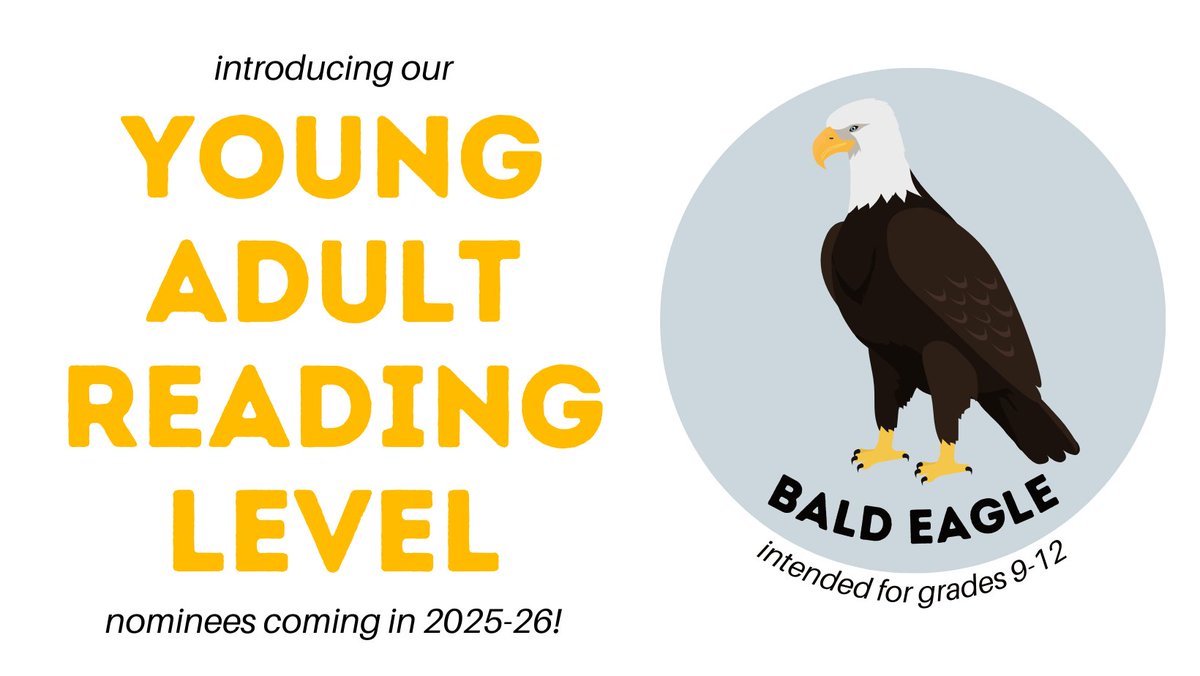 The votes are in! (865, to be exact) ✔️

Our brand new Young Adult category is named for the BALD EAGLE! 🦅 We can't wait to soar into reading the nominees for grades 9-12 for the 2025-26 schoolyear. 

Thank you to all of the Nebraska students and educators who voted!