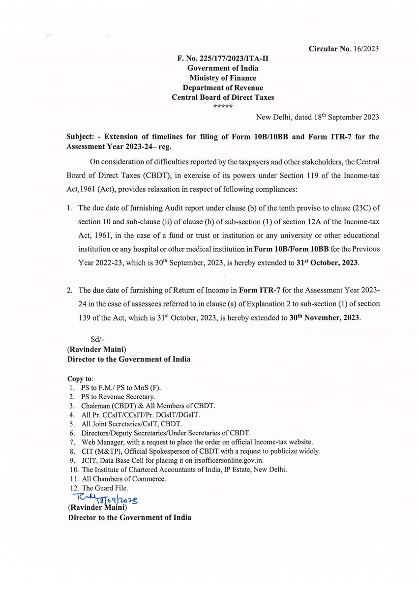 TAXounting's tweet photo. Form 10B &amp; 10BB filing due date extended to 31st October 23 Accordingly, trusts' ITR filing date extended to 30th November 23. https://t.co/JooA5G0bcP