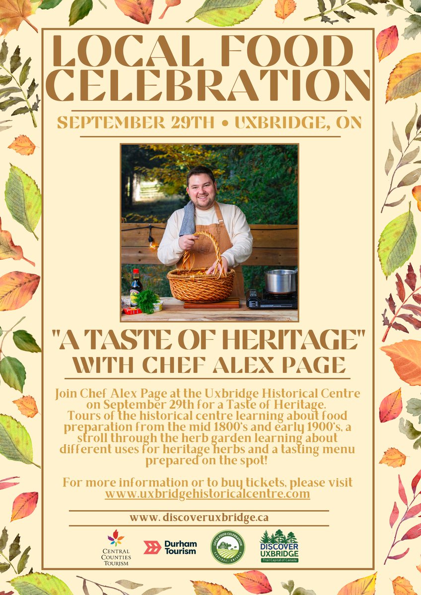 We have an amazing local food month event happening next week! Come learn about heritage food preparations, and learn from Durham Region Local Chef Alex Page, how to prepare a meal from 1877! You get to eat it after of course ;) Tickets available now! uxbridgehistoricalcentre.com/event-details-…