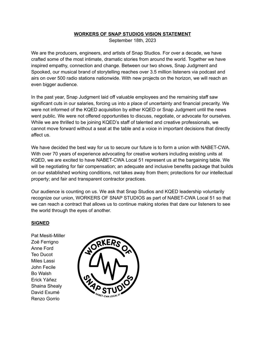 workersofsnap's tweet image. We - the producers, engineers, and artists of @snapjudgment + @SpookedPod - are excited to announce that we've unionized as the Workers of Snap Studios! Here's our vision statement.