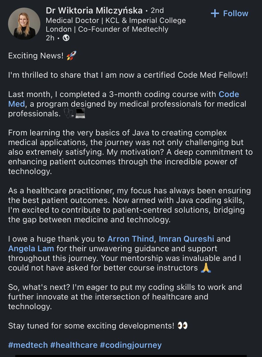 🤩 Check out some great feedback from one of the fellows on our previous coding course!

Are you a healthcare professional interested in learning how to code? 

Then don't miss out on our next course cohort -&gt; 28th September! 

Register at: codemed.co.uk/course/

#MedTwitter