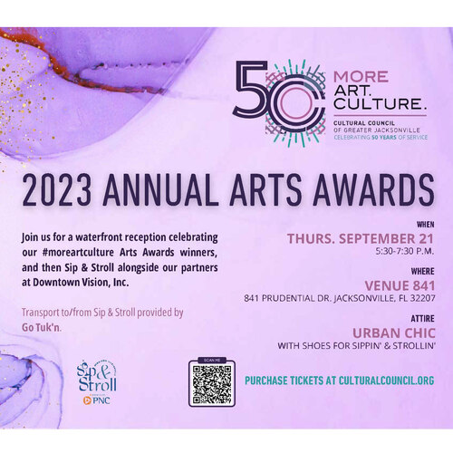 Celebrate Jacksonville's arts this Thursday, September 21st, at the 2023 Annual Arts Awards! ⭐️ Don't miss a waterfront reception celebrating the Arts Awards winners, followed by Sip & Stroll Presented by PNC on the Southbank Riverwalk! 🍷🎨