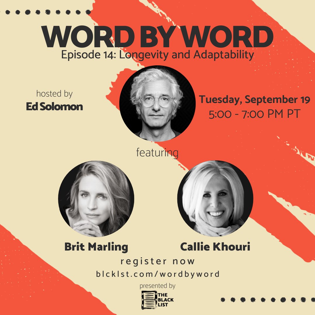 The Black List (@theblcklst) on Twitter photo 🚨 TOMORROW AT 5PM PT 🚨
#WordByWord welcomes <a href="/CallieKhouri/">Callie Khouri 🇺🇦</a> (THELMA & LOUISE, NASHVILLE) + <a href="/britmarling/">brit marling</a> (A MURDER AT THE END OF THE WORLD, THE OA)! And as always, Word by Word will be hosted by @ed_solomon!
Sign up + donate to a Hollywood support fund: bit.ly/42O4EV7 🚨 TOMORROW AT 5PM PT 🚨
#WordByWord welcomes <a href="/CallieKhouri/">Callie Khouri 🇺🇦</a> (THELMA & LOUISE, NASHVILLE) + <a href="/britmarling/">brit marling</a> (A MURDER AT THE END OF THE WORLD, THE OA)! And as always, Word by Word will be hosted by @ed_solomon!
Sign up + donate to a Hollywood support fund: bit.ly/42O4EV7