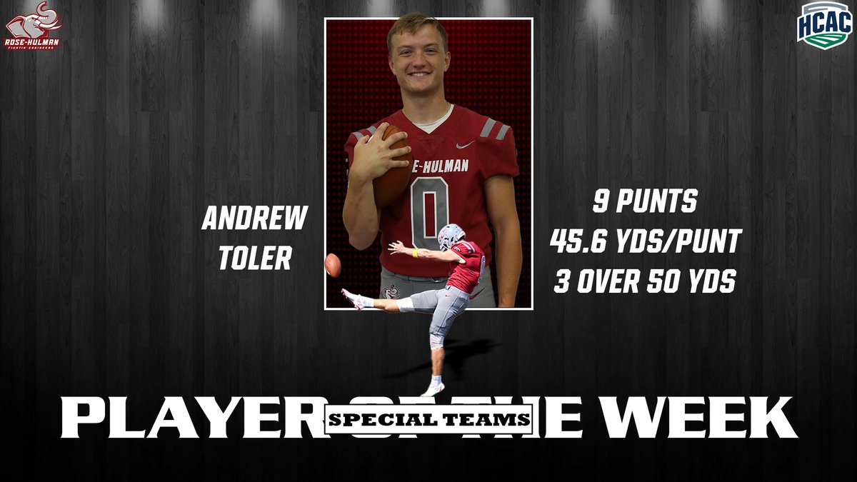 🏈: Andrew Toler has been named the HCAC Special Teams Player of the Week. Toler recorded nine punts for 410 yards with three punts over 50 yards. He currently ranks 2nd in all of NCAA Division III with 46.5 yards per punt. #GoRose

📄: athletics.rose-hulman.edu/news/2023/9/18…
