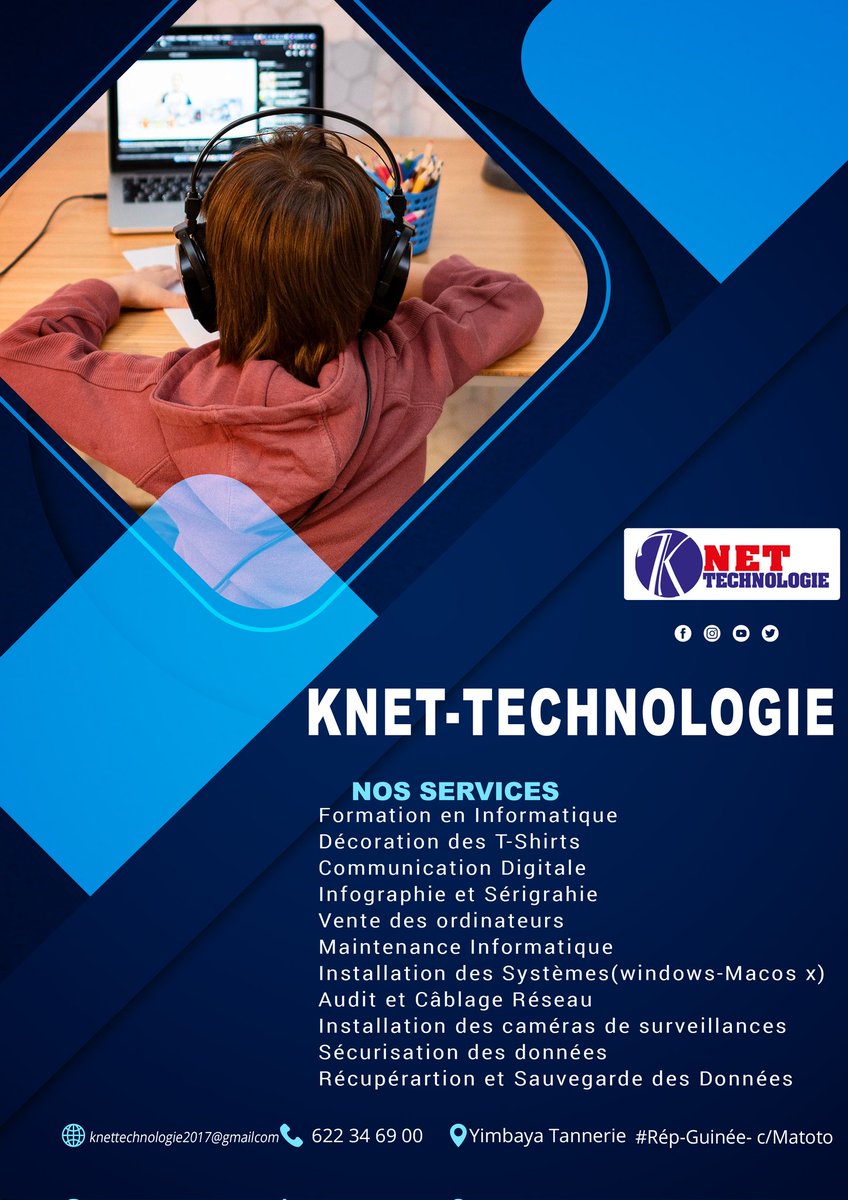 SalimataMusa's tweet photo. Merci de nous avoir contactés. 
KNET-TECH
Nous somme une entreprise Évoluant dans le domaine de l'informatique 
_Maintenance informatique réparation des ordinateurs .
- Formation en informatique débutants et professionnels .
conception des sites interne
623 47 55 53/ 664 58 38 15 https://t.co/t975To7S9K