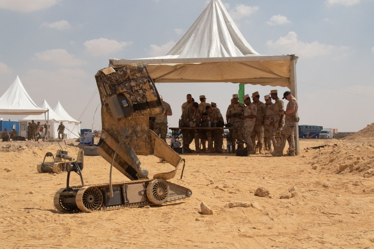 A U.S. Navy explosive ordnance disposal group demonstrates the application of robots during EOD operations to Egyptian soldiers, in support of exercise #BrightStar23, Sept. 5, 2023, at Mohamed Naguib Military Base, Egypt. #PeoplePartnersInnovation