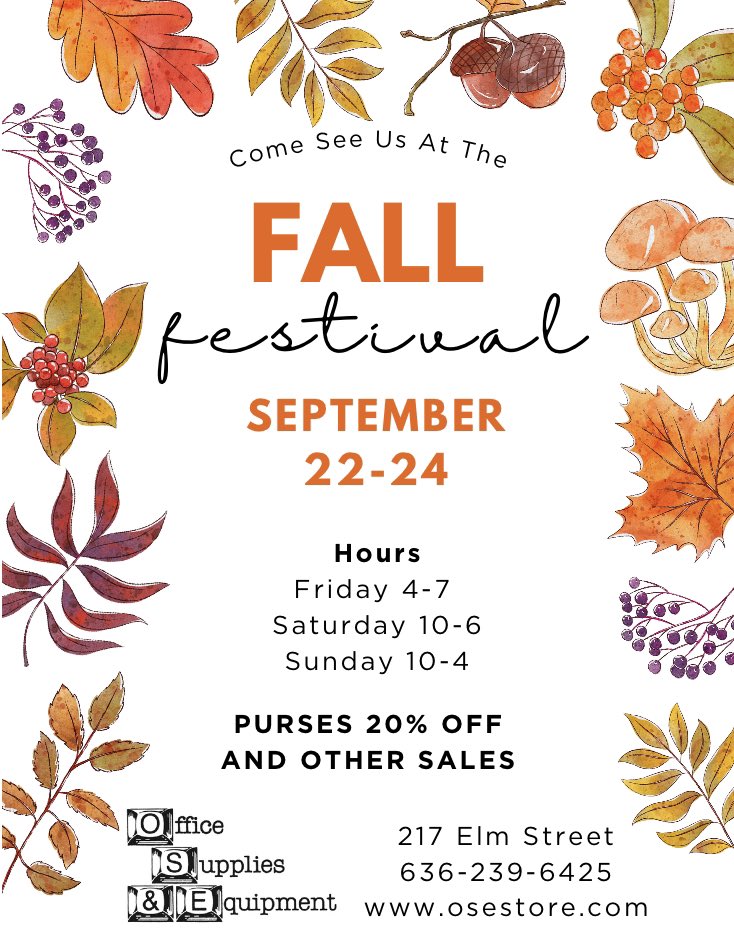 Come see OSE at the 2023 Washington Fall festival. More info on flyer. Pictures of products will be posted on Wednesday and Friday.<a href="/downtownwashmo/">Downtown Washington, Inc.</a>
