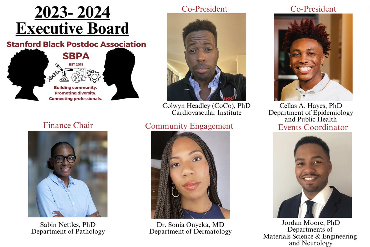 StanfordBPA's tweet photo. Happy National Postdoc Appreciation Week! SBPA has elected a new executive board for the 2023-2024 academic year. Stay tuned for all the awesome events we have planned to strengthen the Black PD community at SU. @CoCo_Headley @c3llas @NettlesSabin @J_Taylor_Moore https://t.co/hGrbwdrpDg