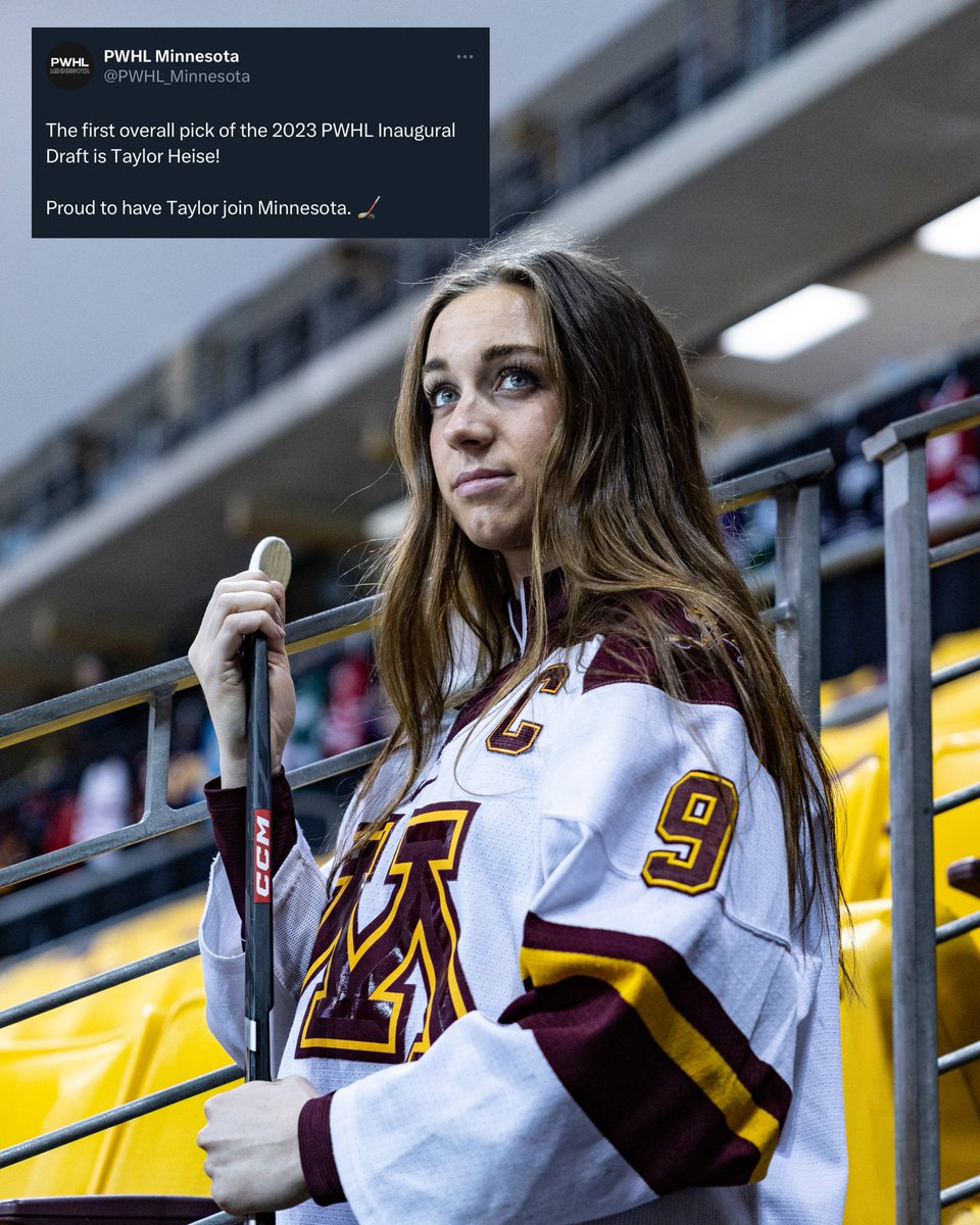 𝗡𝗼. 𝟭 𝗢𝘃𝗲𝗿𝗮𝗹𝗹

Congratulations to Taylor Heise on being drafted by @pwhl_minnesota!

Heise will join former Gophers Kelly Pannek, Lee Stecklein and Natalie Darwitz for the inaugural <a href="/thepwhlofficial/">PWHL</a> season.

📰: z.umn.edu/8w32

#GWH | #SkiUMah