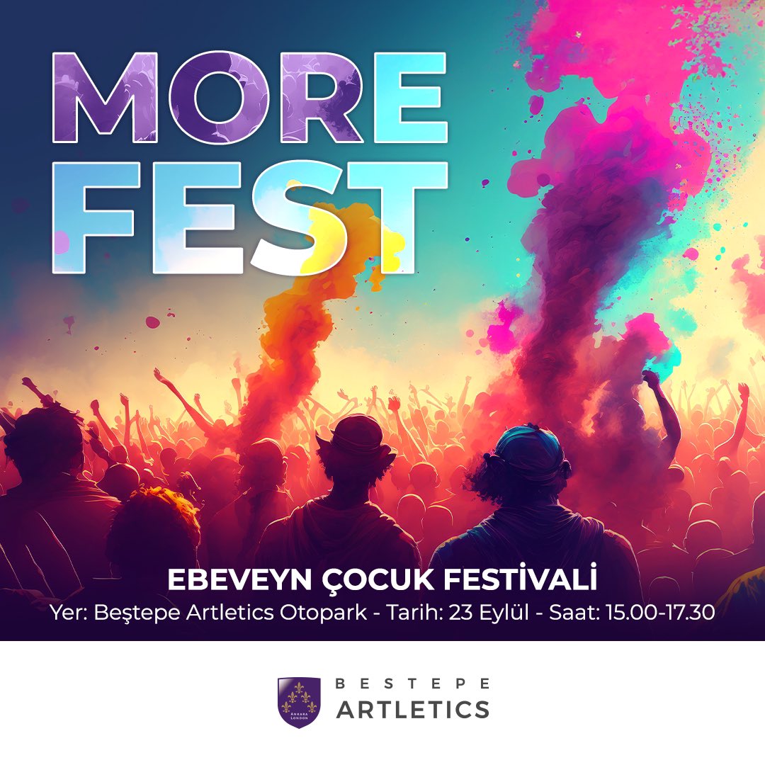 Ebeveyn ve Çocukları MoreFest’e Davetlisiniz! 

Renkli boyaları önce birbirimizin yüzüne sürecek, ardından birbirimize sıçratacak; harika bir sinerjiyle mutluluk enerjisini herkese bulaştırmış olacağız.

Festival Kayıt Linki;
bestepeartletics.com/MoreFest/

Dress Code: White Tshirt