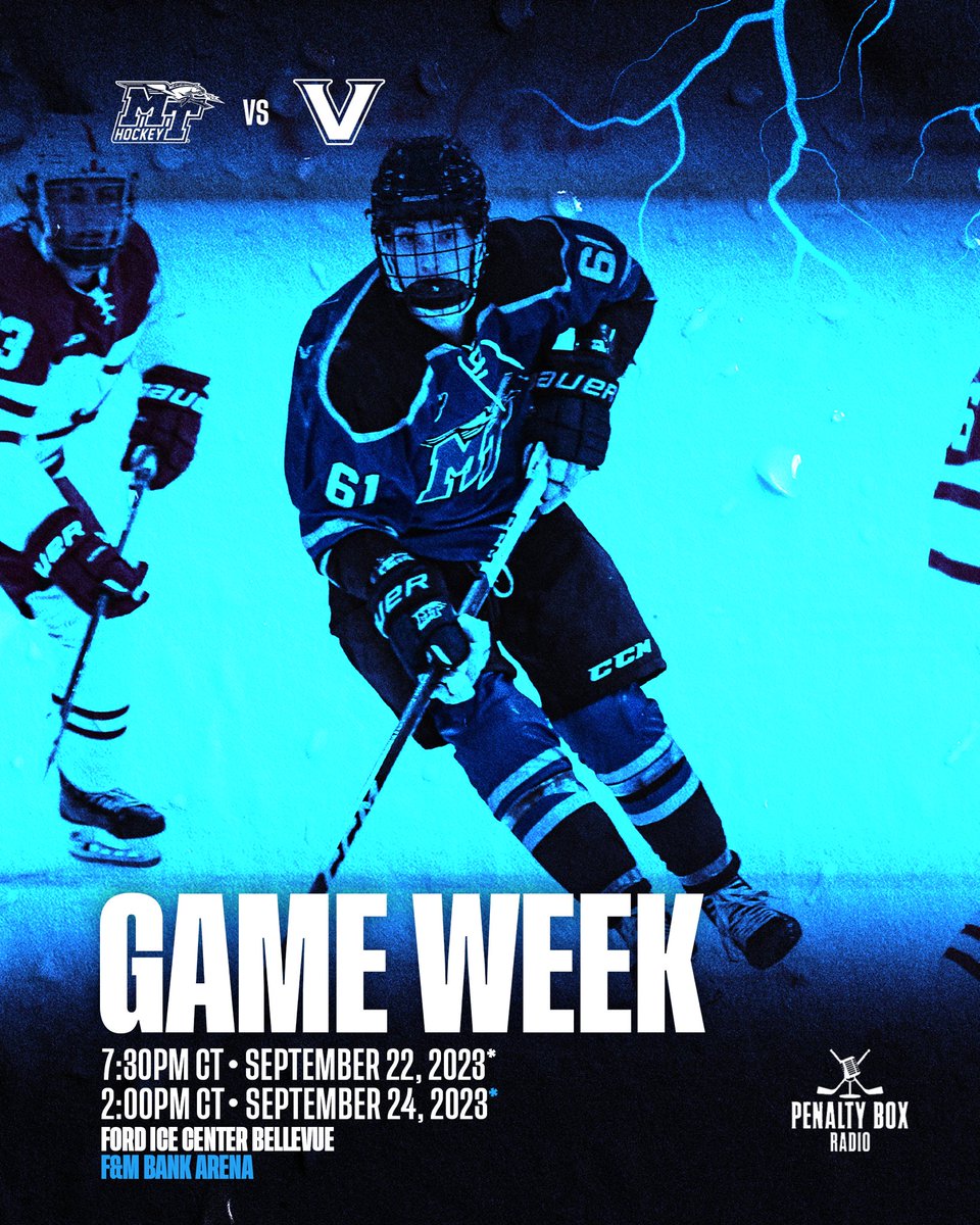 MTSUhockey's tweet photo. ITS GAME WEEK⚡️⚡️
The fellas take on @vandyicehockey this Friday at Ford Ice Center-Bellevue at 7:30pm CT and Sunday at F&M Bank Arena in Clarksville at 2:00pm CT
#AlwaysStrike⚡️ https://t.co/UcriMVhmrz