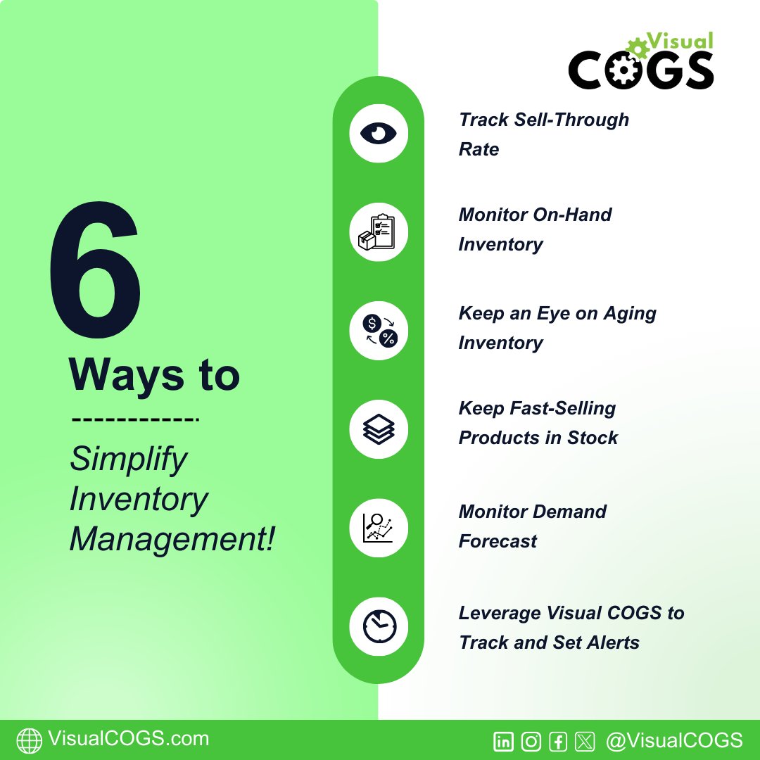 VisualCOGS's tweet image. Inventory management need not be a herculean task. Streamline your processes with these actionable strategies. Set the stage for a more organized and proactive approach.

#InventoryManagement #EfficientTracking #VisualCOGS #OnHandInventory #SellThroughRate