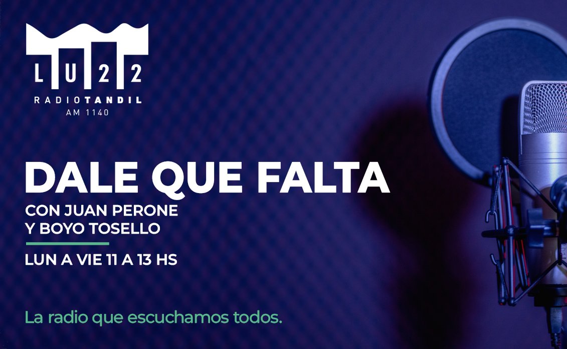 🎤 No te muevas de la radio, queda mucho por contar. Hasta las 13, #DaleQueFalta, con <a href="/Juanperone/">Juan Perone</a> y Boyo Tosello. Por <a href="/RadioTandil/">Radio Tandil</a>.

📻 AM 1140 🎙️ FM 97.1
🖥️ Nueva web: lu22.com.ar
📲 Descargá nuestra app: play.google.com/store/apps/det…