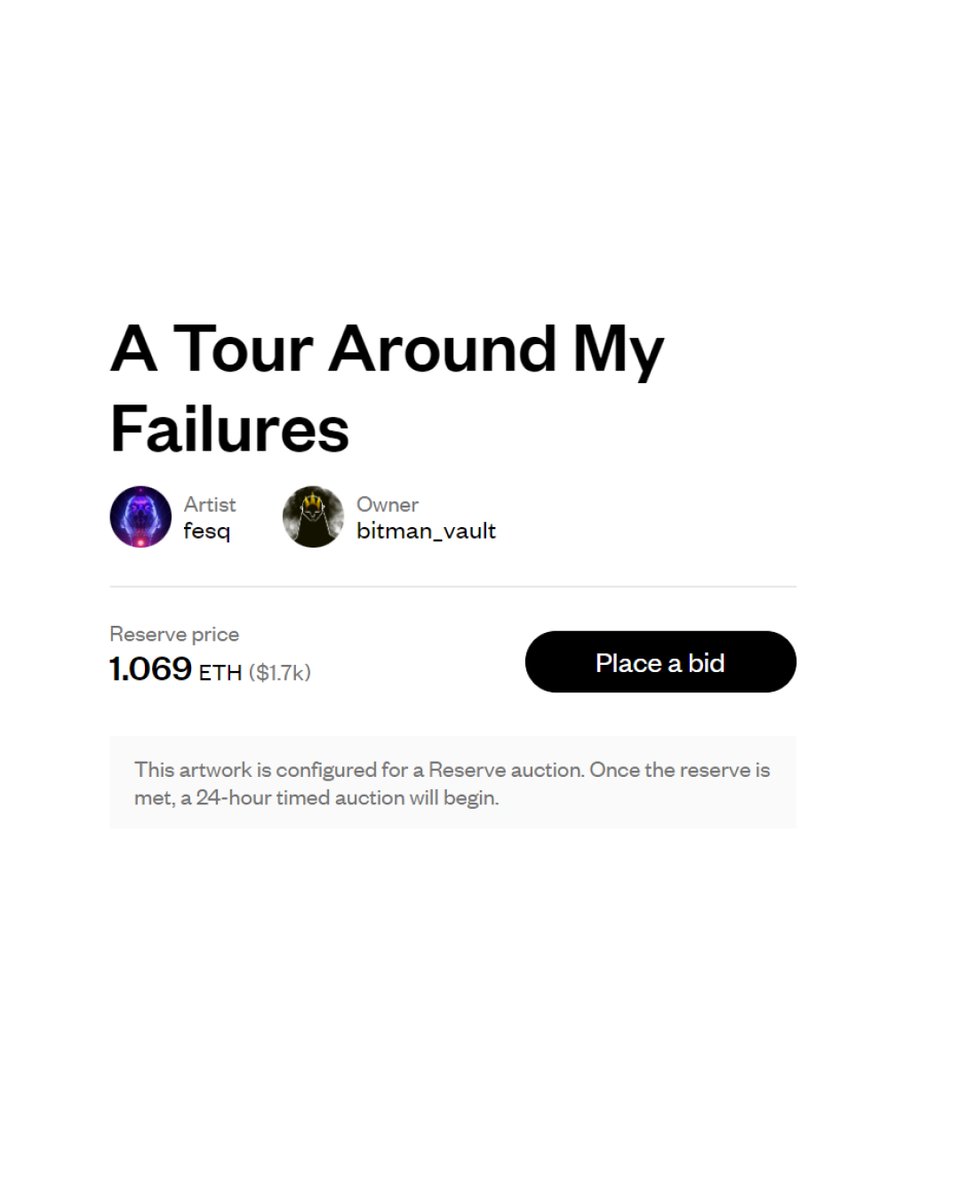 'A Tour Around My Failures' initially acquired by @BitmanTW earlier this year has now a 1.069 ETH reserve on @SuperRare This is a considerable discount on a 1/1 of mine. Curious to see if/when the reserve gets triggered. 🌟 Spread the word. Stay 🔴🔵🟣