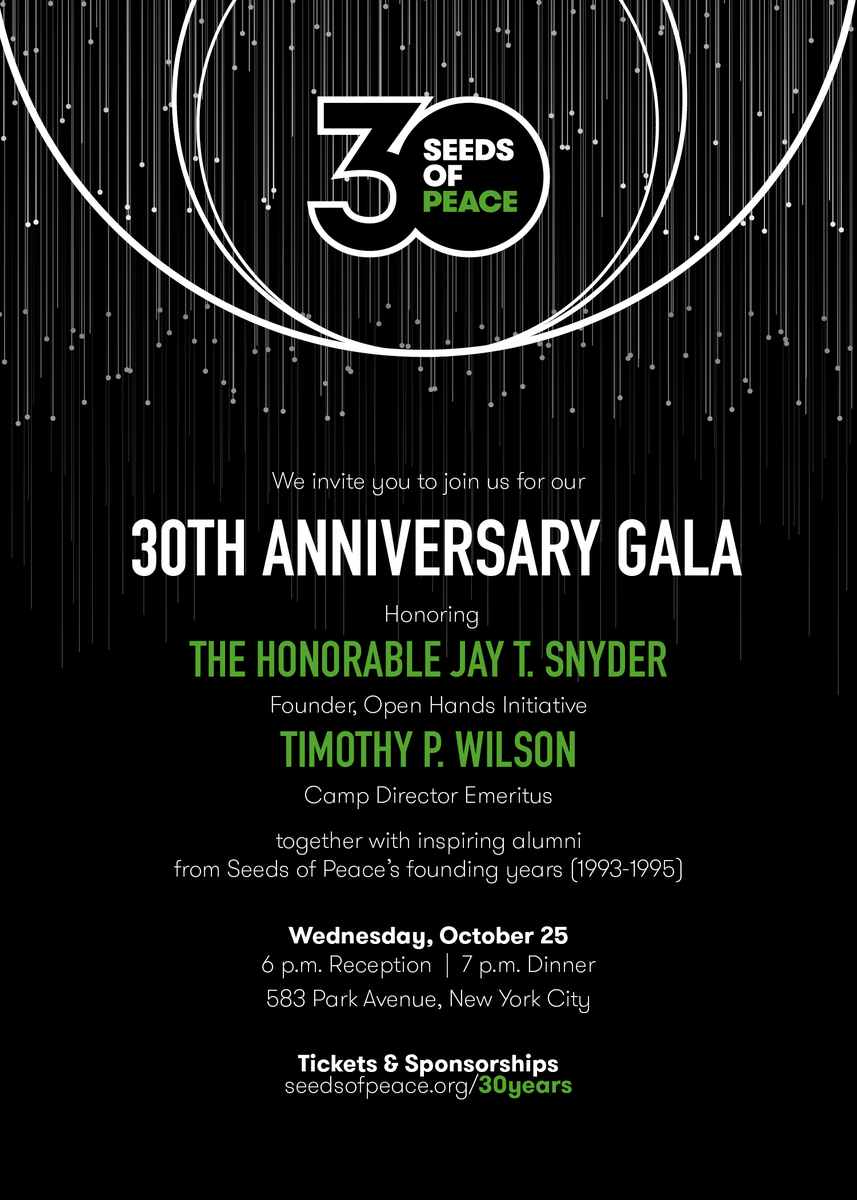Join us in New York on October 25 as we celebrate 30 years of impact! Gala tickets and sponsorships now available at seedsofpeace.org/30years