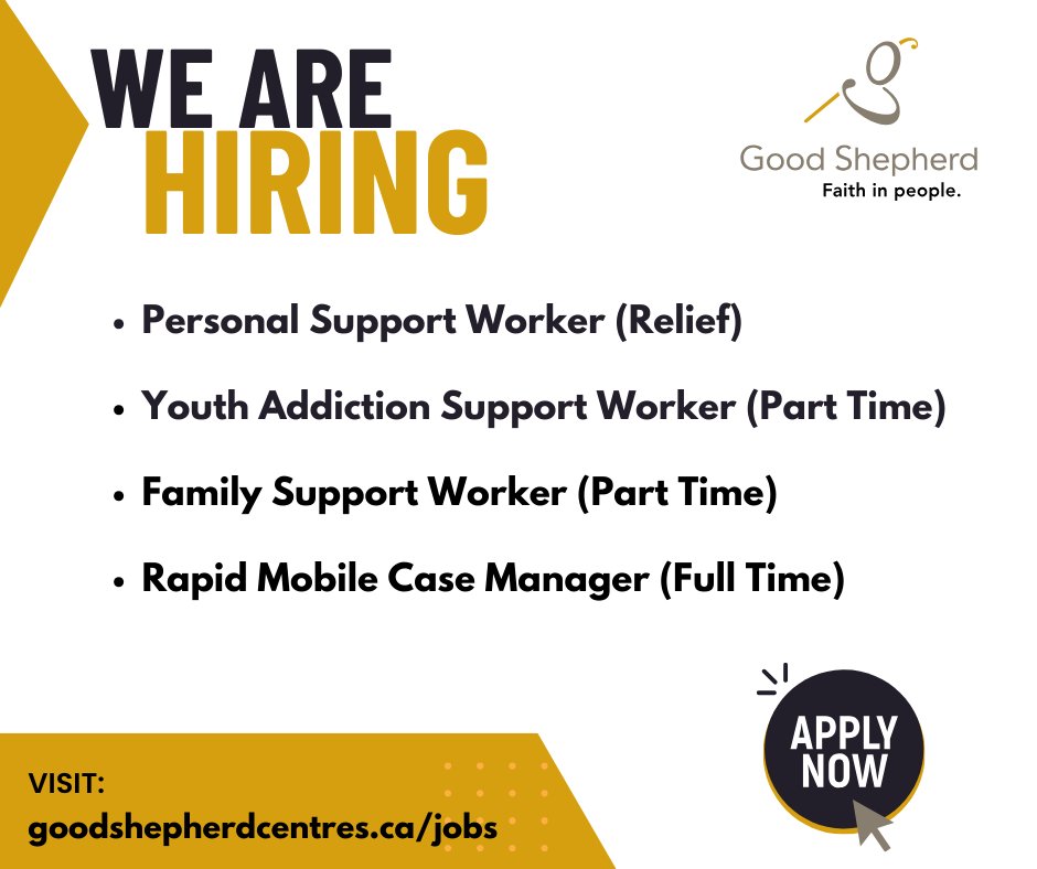 Join our team! New opportunities are now open. Visit goodshepherdcentres.ca/jobs