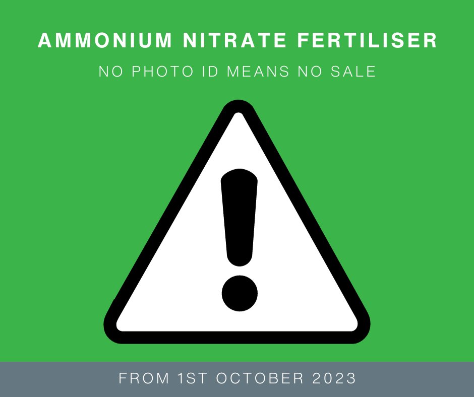 From the 1st of October 2023, new Government controls mean it is mandatory to provide a photo ID when ordering Ammonium Nitrate fertiliser with a Nitrogen content above 16%, without it, we will be unable to sell the product.

For more information visit bit.ly/45MsJ0Z