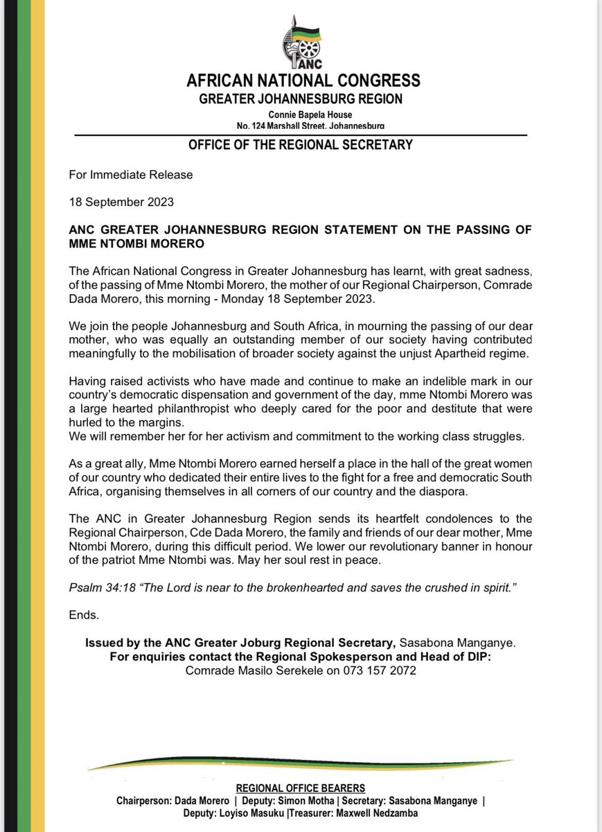 ANCJHB's tweet photo. For Immediate Release

18 September 2023

ANC GREATER JOHANNESBURG REGION STATEMENT ON THE PASSING OF MME NTOMBI MORERO https://t.co/rE3Pbv3Q0H