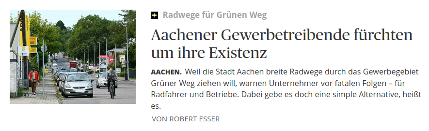 Schon sehr beeindruckend, wie viele Existenzen und wirtschaftliche Standorte angeblich durch einen einfachen Radweg immer bedroht sein sollen.
Wer seinen Betrieb dadurch in der Krise sieht, der hat sicherlich andere Gründe dafür. Abwanderung ist ein beliebtes Druckmittel.
#Aachen