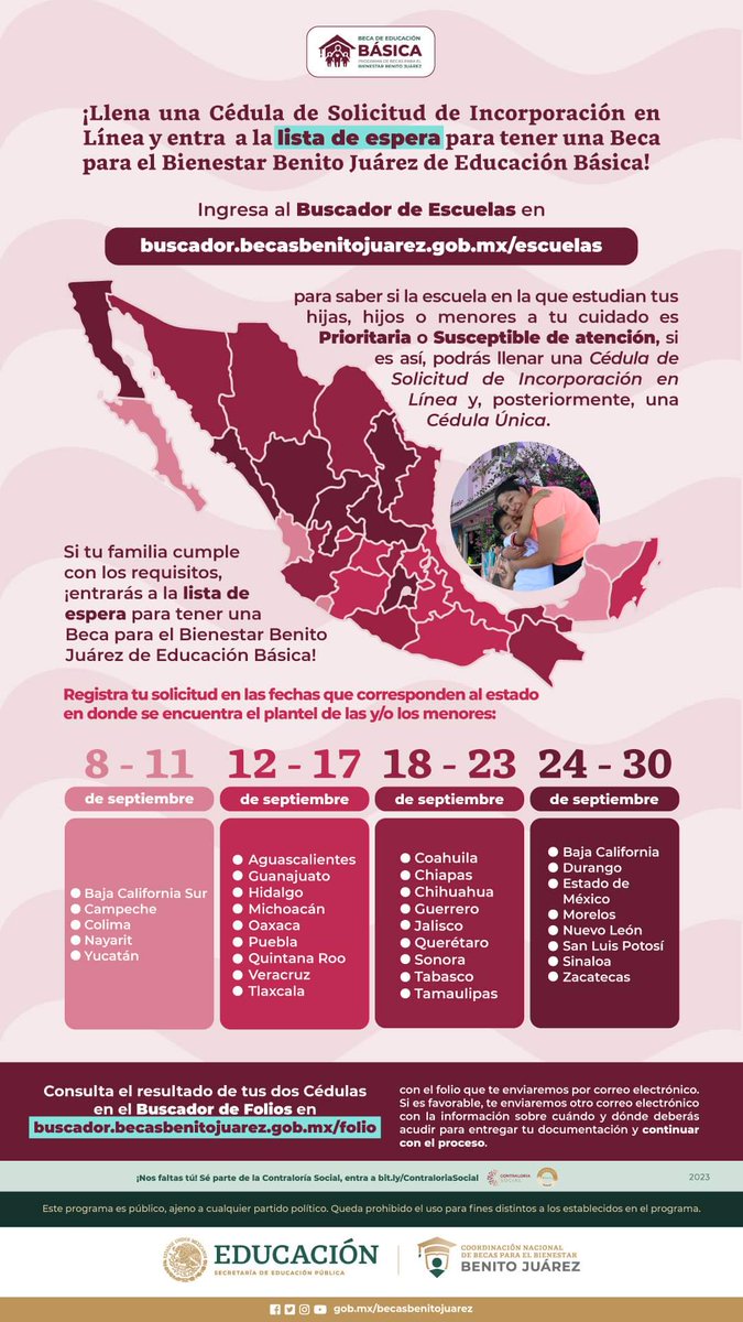 NotiAltos's tweet photo. ¿Quieres que tu familia sea beneficiaria de la Beca de #EducaciónBásica? 👧👦

¡Llena una Cédula de Solicitud de Incorporación en Línea y entra a la 𝗟𝗶𝘀𝘁𝗮 𝗱𝗲 𝗲𝘀𝗽𝗲𝗿𝗮 para tenerla! 
sigue las indicaciones 👇 
Entra al #BuscadorDeEscuelas: https://t.co/bgJ5WybUc3 https://t.co/IpyuY3N1sb