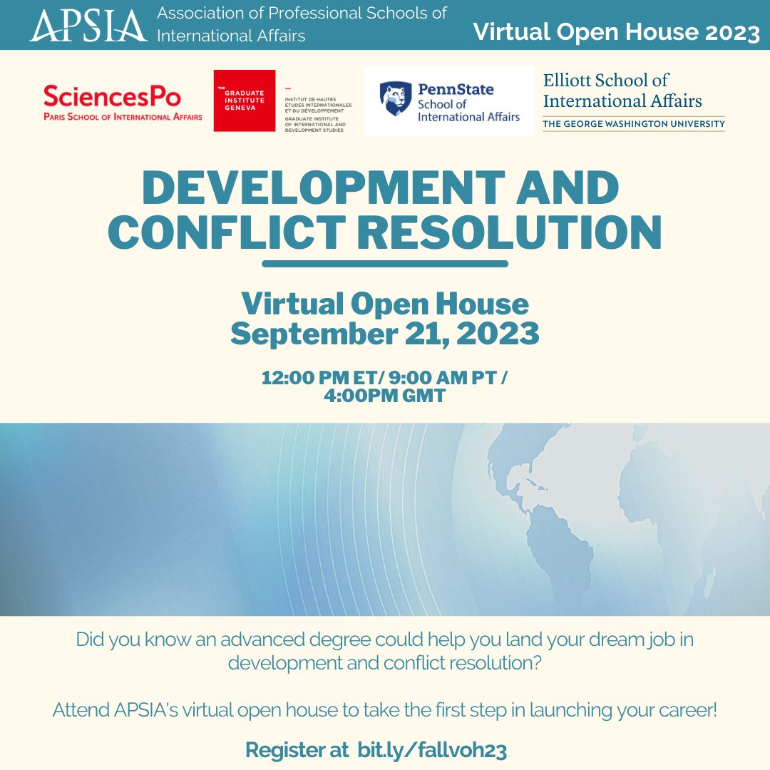 Want to see what YOU can do with a degree in #GlobalDev or #ConflictResolution?

Join us + <a href="/PSIASciencesPo/">PSIA Sciences Po</a> <a href="/GVAGrad/">Geneva Graduate Institute</a> <a href="/PennStateSIA/">Penn State School of International Affairs</a> + <a href="/ElliottSchoolGW/">The Elliott School</a> this Thursday, Sept 21, for small group chats about your goals. 

eventbrite.com/e/675508653567…