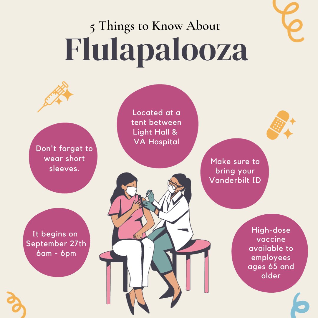 Flulapalooza is almost here for all Vanderbilt faculty and staff! Below are a few things to know before you go. Can't wait to see you there! For more information, visit: bit.ly/flulapalooza