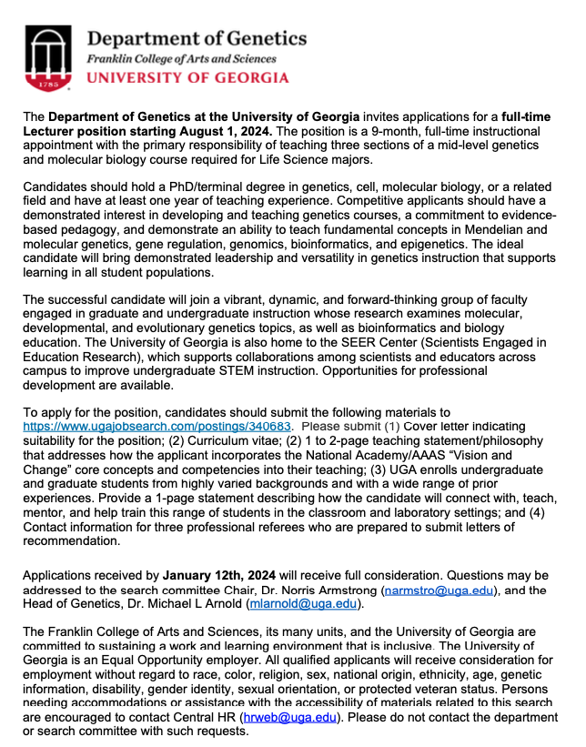 We’re hiring!  We are searching for a Lecturer in Genetics to start Aug 1, 2024. Come join our vibrant department. For full consideration apply by Jan 12, 2024. Please RT!  ugajobsearch.com/postings/340683